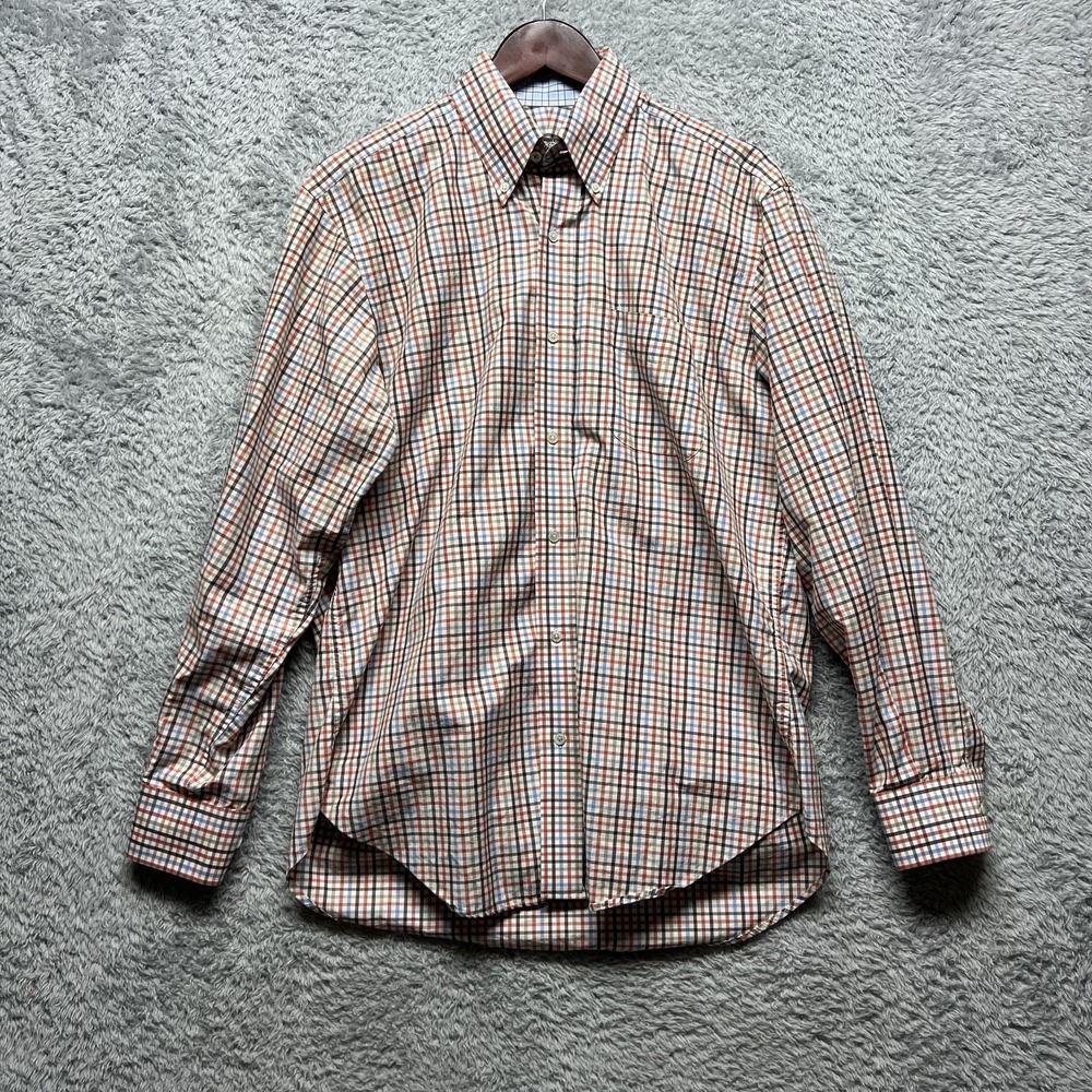 J Mclaughlin Shirt Mens Medium Brown Blue Red Check Button Down Long Sleeve